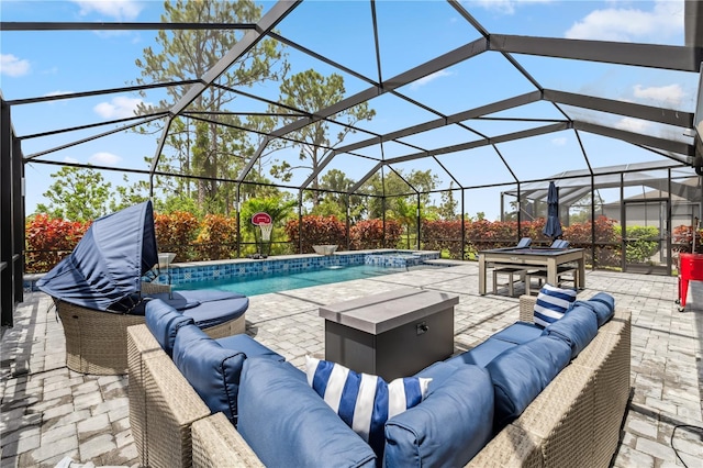 11105 Balfour St E, Venice, FL 34293 - view of patio / terrace featuring an outdoor living space and a lanai