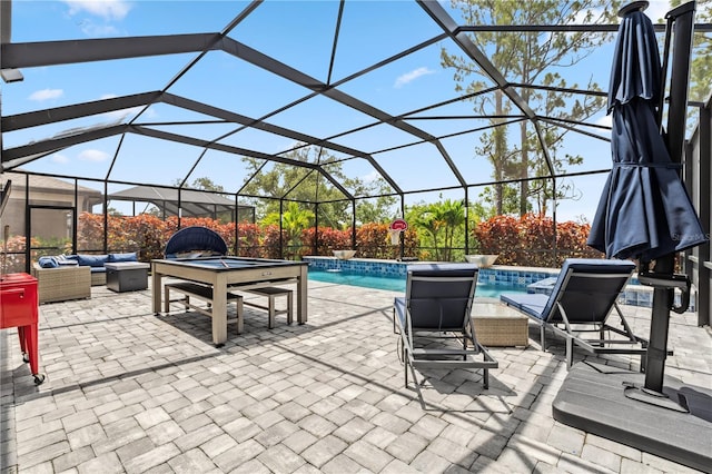 11105 Balfour St E, Venice, FL 34293 - view of patio / terrace with an outdoor hangout area, an outdoor pool, and glass enclosure