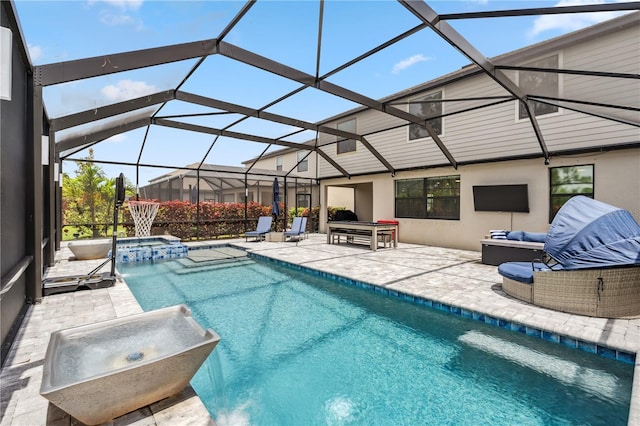 11105 Balfour St E, Venice, FL 34293 - view of pool featuring a patio, a pool with connected hot tub, and glass enclosure