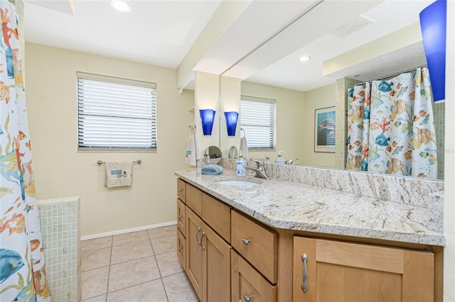 4051 Rock Creek Dr, Port Charlotte, FL 33948 - full bath with vanity, tile patterned floors, recessed lighting, and a shower with shower curtain