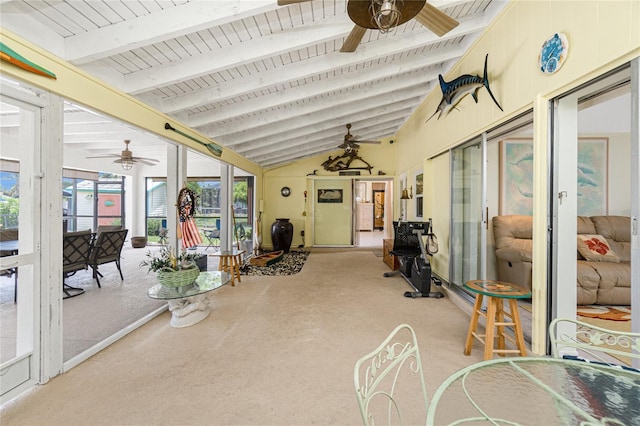 4051 Rock Creek Dr, Port Charlotte, FL 33948 - sunroom featuring a ceiling fan, wooden ceiling, and carpet flooring