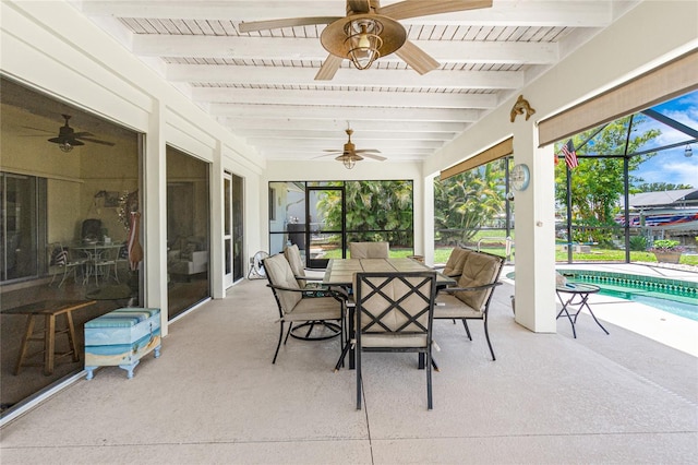 4051 Rock Creek Dr, Port Charlotte, FL 33948 - view of patio with a ceiling fan, outdoor dining area, an outdoor pool, and a lanai