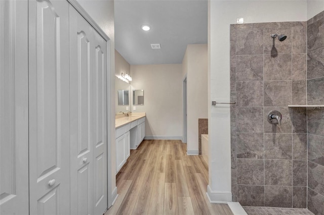 16848 Canopy Garden Dr, Port Charlotte, FL 33953 - bathroom with a tile shower, vanity, wood finished floors, and a closet