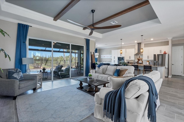14436 Ponce De Leon Trl, Port Charlotte, FL 33981 - living area featuring ceiling fan, a tray ceiling, beam ceiling, ornamental molding, and recessed lighting
