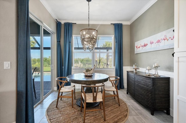 14436 Ponce De Leon Trl, Port Charlotte, FL 33981 - dining area featuring a chandelier, ornamental molding, light tile patterned floors, and wainscoting