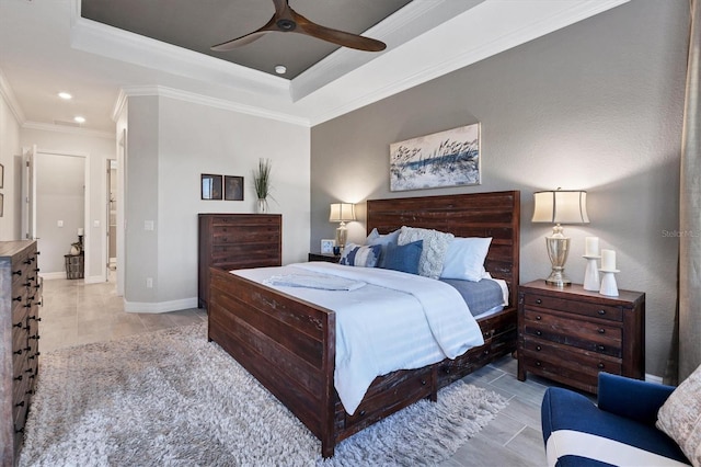 14436 Ponce De Leon Trl, Port Charlotte, FL 33981 - bedroom featuring ornamental molding, a tray ceiling, recessed lighting, a ceiling fan, and light tile patterned floors