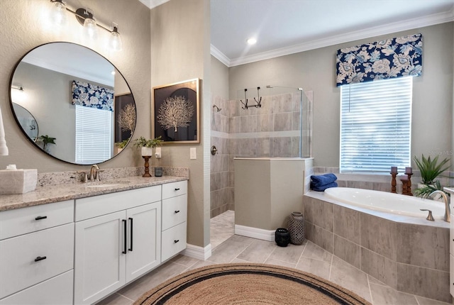 14436 Ponce De Leon Trl, Port Charlotte, FL 33981 - bathroom featuring a garden tub, vanity, walk in shower, ornamental molding, and tile patterned floors