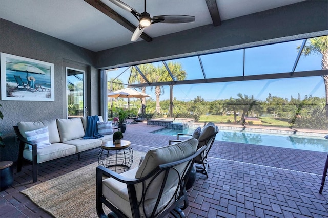 14436 Ponce De Leon Trl, Port Charlotte, FL 33981 - view of patio with an outdoor hangout area, glass enclosure, a ceiling fan, and a pool with connected hot tub