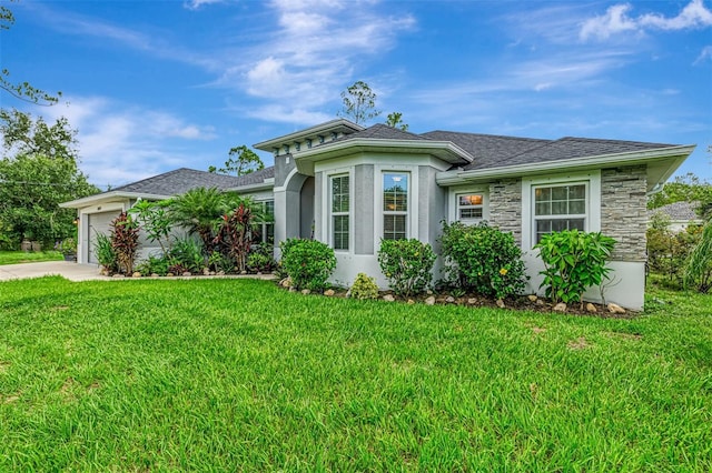 6444 Alhambra Ave, North Port, FL 34291 - view of front of house featuring stucco siding, concrete driveway, a front lawn, an attached garage, and stone siding