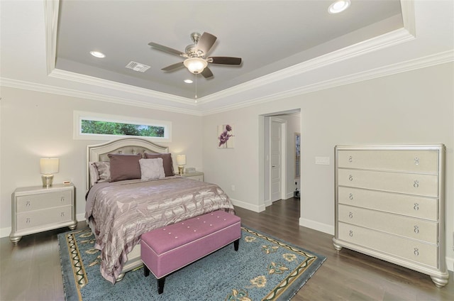 6444 Alhambra Ave, North Port, FL 34291 - bedroom with a tray ceiling, crown molding, wood finished floors, a ceiling fan, and recessed lighting