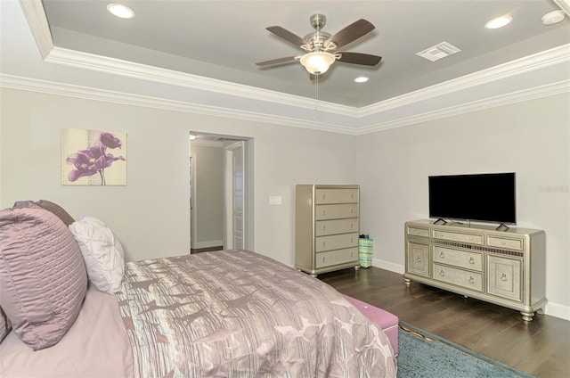 6444 Alhambra Ave, North Port, FL 34291 - bedroom featuring a raised ceiling, dark wood finished floors, ornamental molding, ceiling fan, and recessed lighting
