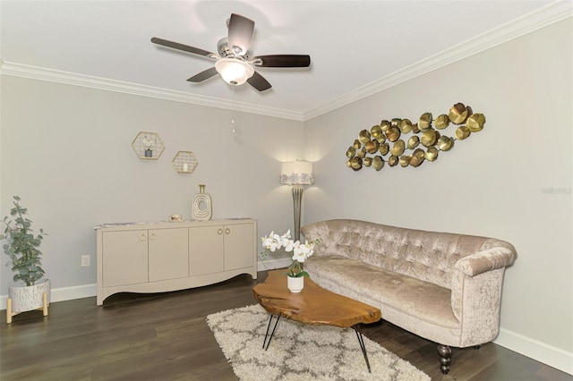 6444 Alhambra Ave, North Port, FL 34291 - living room with ornamental molding, a ceiling fan, and dark wood-style flooring