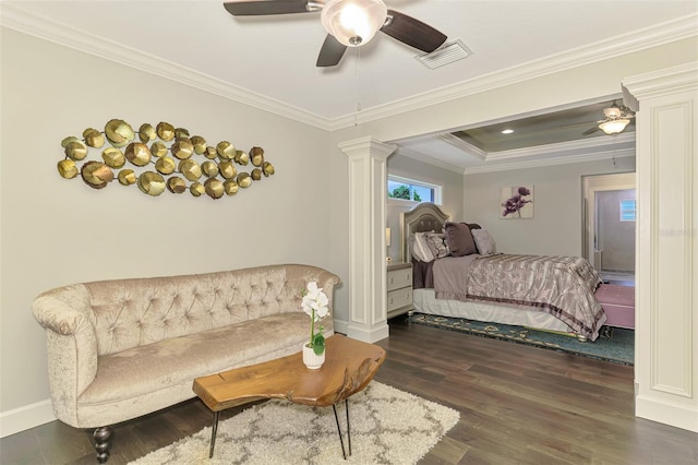 6444 Alhambra Ave, North Port, FL 34291 - bedroom featuring decorative columns, dark wood finished floors, ornamental molding, and ceiling fan