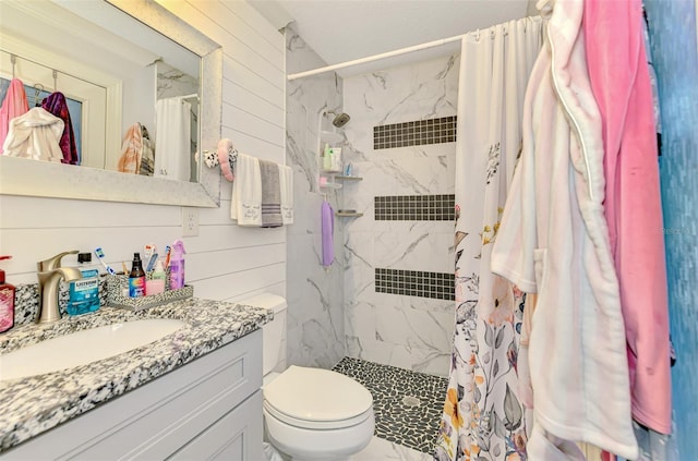 6444 Alhambra Ave, North Port, FL 34291 - bathroom with vanity, tiled shower, and wood walls