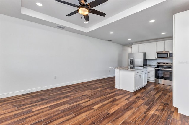 419 Carmalita St, Punta Gorda, FL 33950 - kitchen featuring stainless steel appliances, a ceiling fan, dark wood-style flooring, recessed lighting, and a raised ceiling