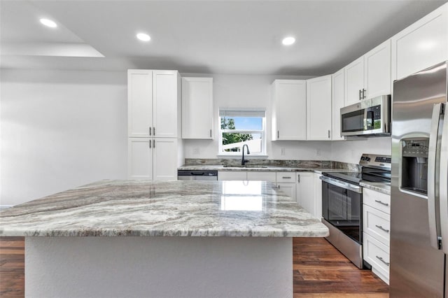419 Carmalita St, Punta Gorda, FL 33950 - kitchen with stainless steel appliances, recessed lighting, light stone countertops, white cabinetry, and dark wood finished floors