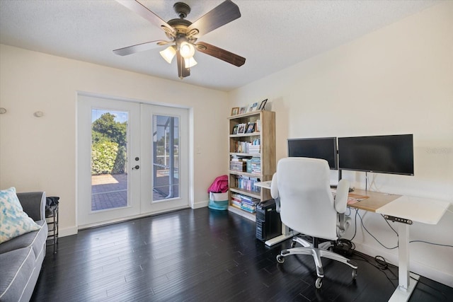 2309 Conway Blvd, Port Charlotte, FL 33952 - office area with french doors, wood finished floors, a ceiling fan, and a textured ceiling