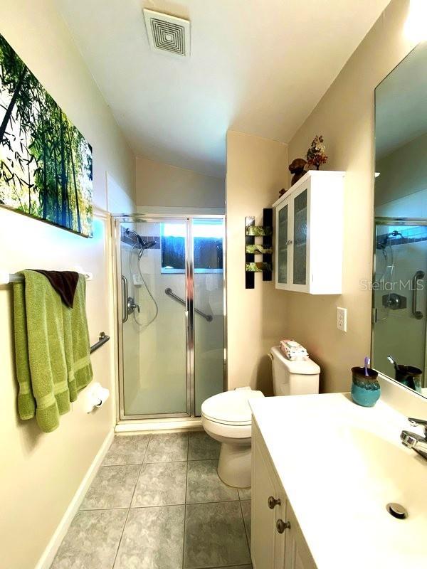 24132 Buckingham Way, Punta Gorda, FL 33980 - full bathroom featuring vanity, vaulted ceiling, a stall shower, and tile patterned flooring