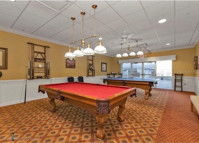24132 Buckingham Way, Punta Gorda, FL 33980 - rec room featuring billiards, wainscoting, ceiling fan, crown molding, and a paneled ceiling