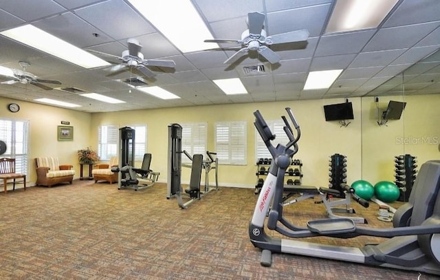 24132 Buckingham Way, Punta Gorda, FL 33980 - exercise room featuring healthy amount of natural light, a paneled ceiling, carpet flooring, and a ceiling fan