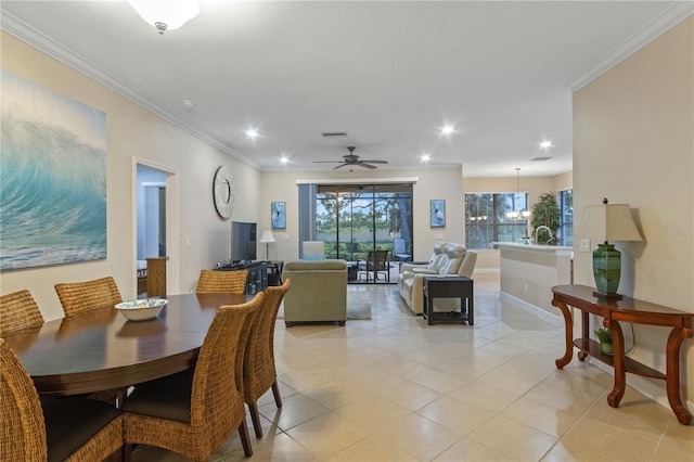 2712 Arugula Dr, North Port, FL 34289 - dining space featuring crown molding, light tile patterned flooring, recessed lighting, and a ceiling fan