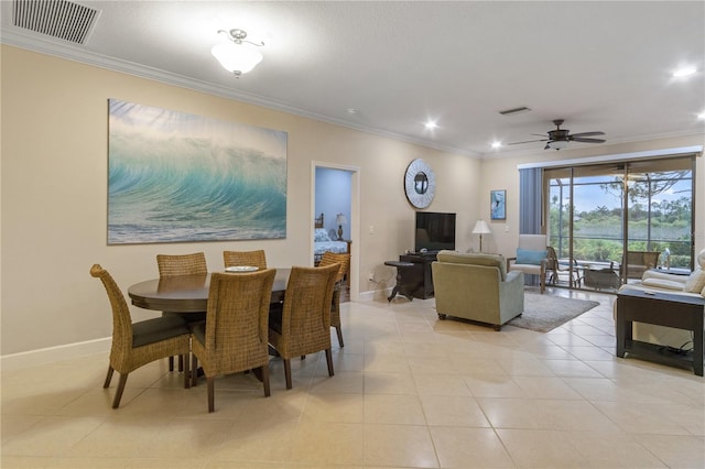 2712 Arugula Dr, North Port, FL 34289 - dining area featuring crown molding, a ceiling fan, light tile patterned floors, and recessed lighting