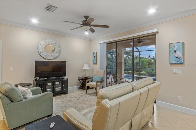 2712 Arugula Dr, North Port, FL 34289 - living room featuring ceiling fan, light tile patterned floors, ornamental molding, and recessed lighting