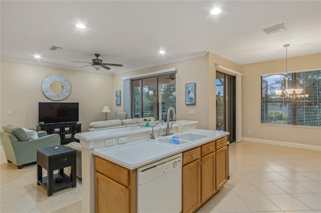 2712 Arugula Dr, North Port, FL 34289 - kitchen featuring dishwasher, open floor plan, light countertops, a kitchen island with sink, and ceiling fan