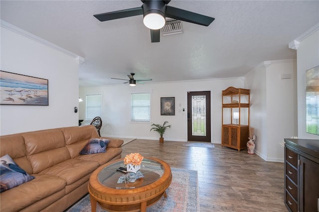 21539 Gladis Ave, Port Charlotte, FL 33952 - living area featuring a ceiling fan, ornamental molding, and wood finished floors