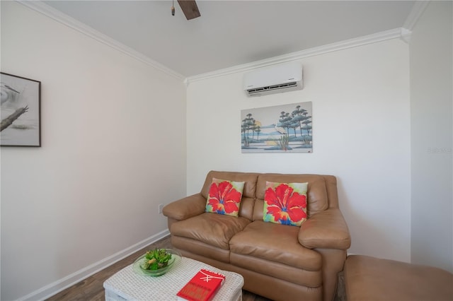 21539 Gladis Ave, Port Charlotte, FL 33952 - living area with a wall unit AC, crown molding, wood finished floors, and a ceiling fan