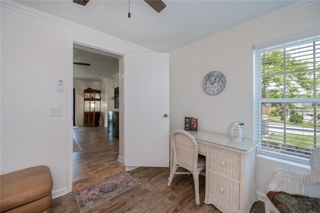21539 Gladis Ave, Port Charlotte, FL 33952 - office area with wood finished floors, crown molding, and ceiling fan