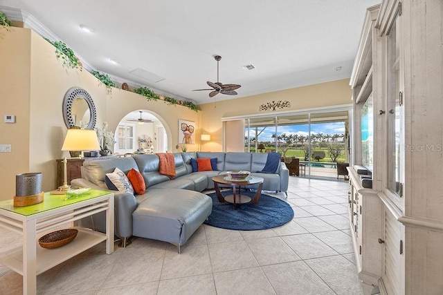 3385 Via Montana Way N, Fort Myers, FL 33917 - living area featuring a ceiling fan, light tile patterned floors, and ornamental molding