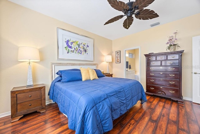 3385 Via Montana Way N, Fort Myers, FL 33917 - bedroom featuring dark wood-style floors, ensuite bath, and ceiling fan