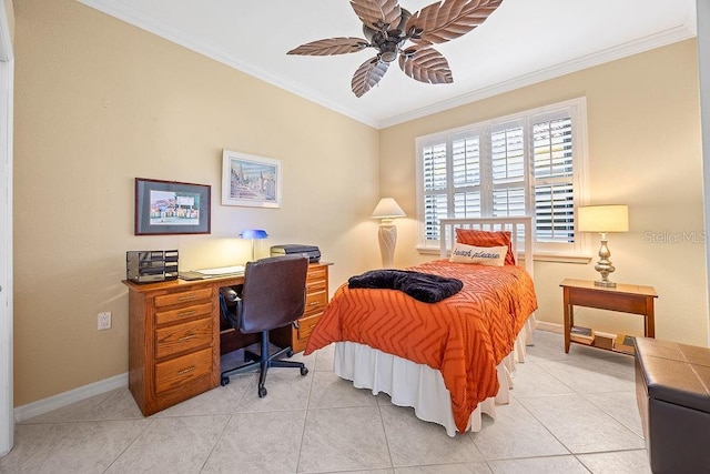 3385 Via Montana Way N, Fort Myers, FL 33917 - bedroom with crown molding, light tile patterned flooring, a ceiling fan, and a desk