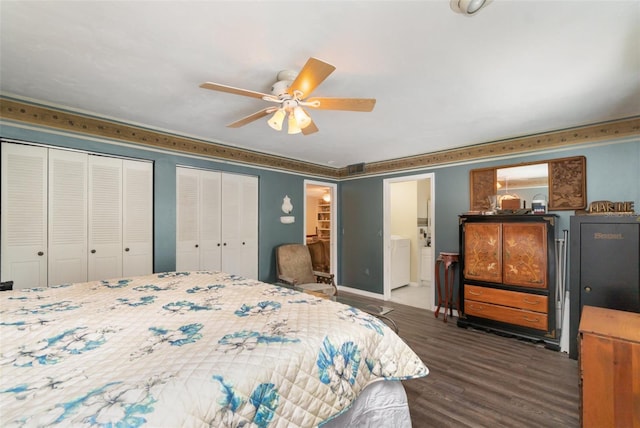 6605 NE Masters Ave, Arcadia, FL 34266 - bedroom with wood finished floors, two closets, connected bathroom, and a ceiling fan