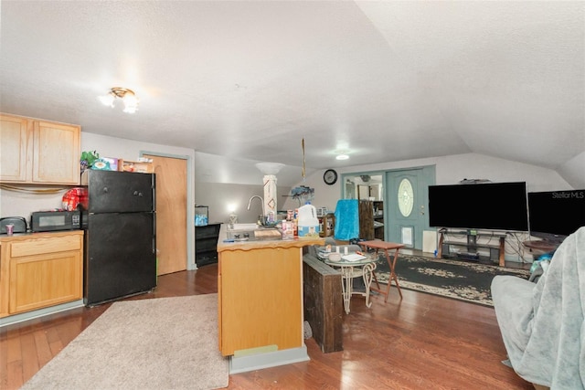 6605 NE Masters Ave, Arcadia, FL 34266 - kitchen featuring black appliances, open floor plan, light brown cabinets, lofted ceiling, and dark wood-style flooring