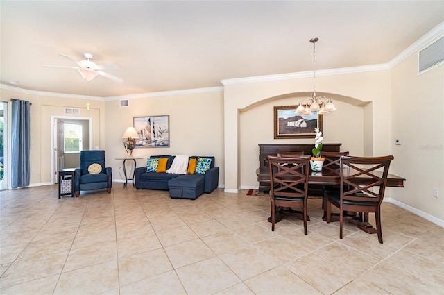 17454 Old Harmony Dr Unit 101, Fort Myers, FL 33908 - dining area featuring a chandelier, ornamental molding, light tile patterned floors, and ceiling fan