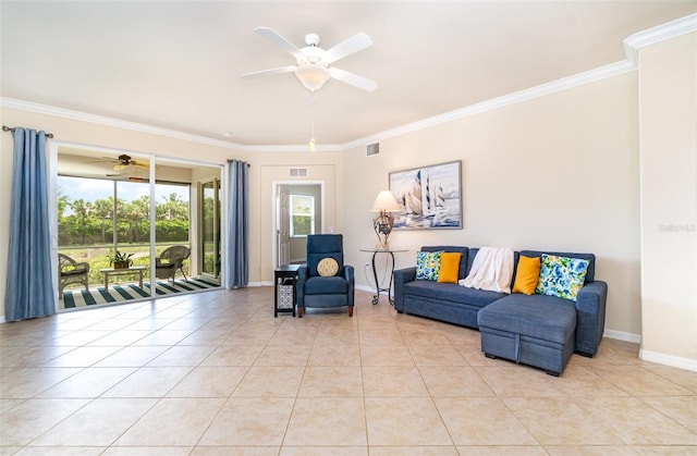 17454 Old Harmony Dr Unit 101, Fort Myers, FL 33908 - living area featuring ceiling fan, crown molding, and light tile patterned floors