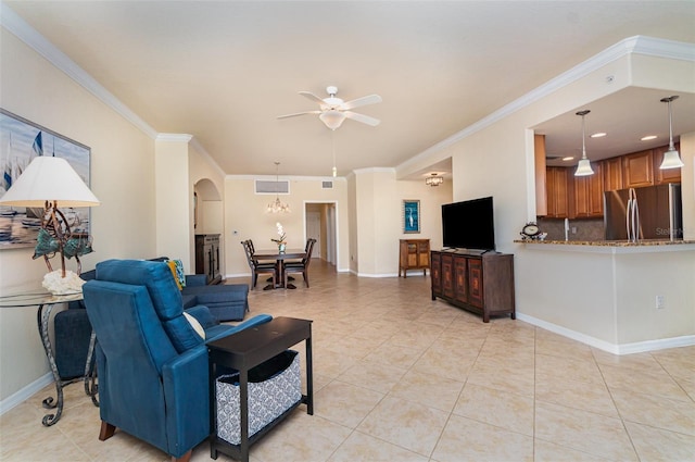 17454 Old Harmony Dr Unit 101, Fort Myers, FL 33908 - living area featuring ceiling fan, ornamental molding, light tile patterned flooring, and arched walkways