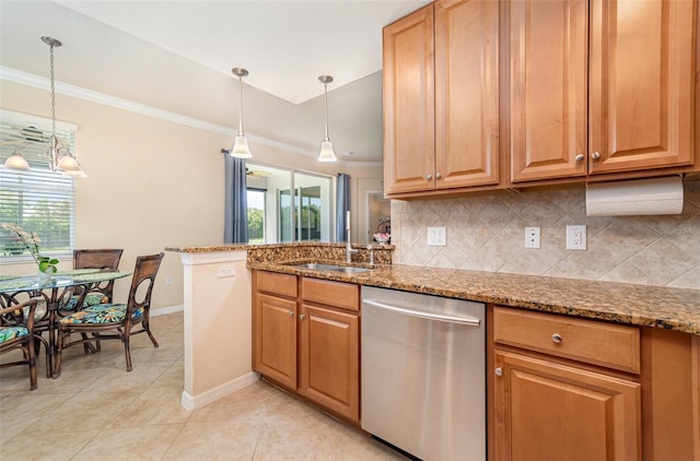 17454 Old Harmony Dr Unit 101, Fort Myers, FL 33908 - kitchen featuring stainless steel dishwasher, healthy amount of natural light, decorative backsplash, stone countertops, and crown molding