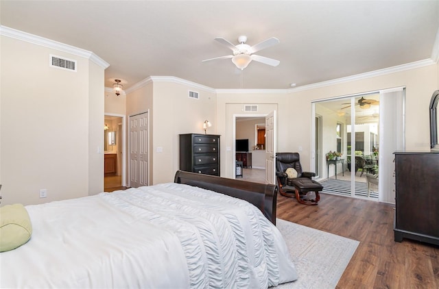 17454 Old Harmony Dr Unit 101, Fort Myers, FL 33908 - bedroom with wood finished floors, crown molding, ceiling fan, and ensuite bath