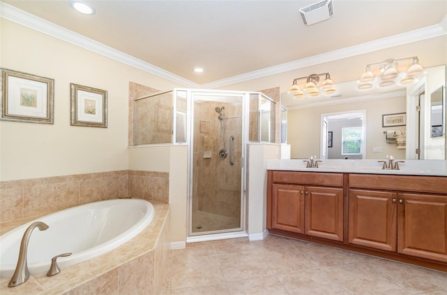 17454 Old Harmony Dr Unit 101, Fort Myers, FL 33908 - bathroom featuring a bath, double vanity, a stall shower, and ornamental molding
