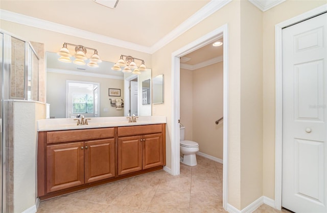 17454 Old Harmony Dr Unit 101, Fort Myers, FL 33908 - bathroom with double vanity, crown molding, a stall shower, and tile patterned floors