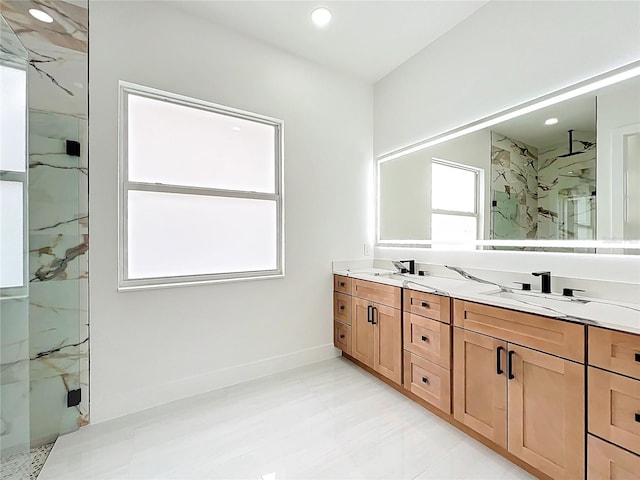 576 Mcdill Dr, Port Charlotte, FL 33953 - full bath featuring a marble finish shower, double vanity, and recessed lighting