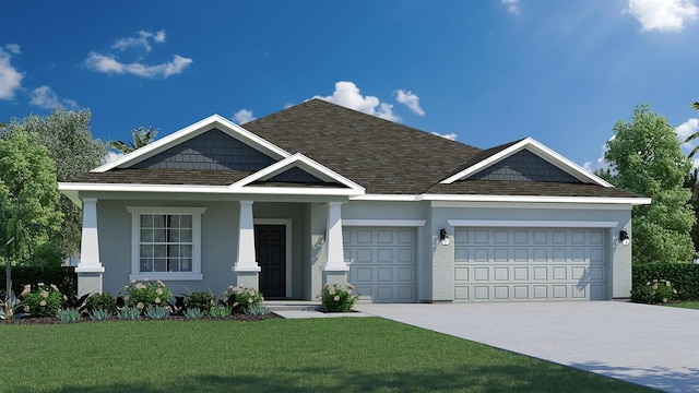 41 Fountain Gate Ln, Palm Coast, FL 32137 - craftsman house featuring an attached garage, a front lawn, driveway, and stucco siding