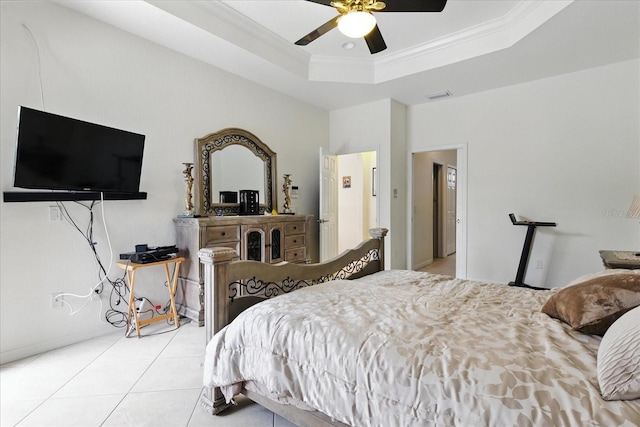 2329 Como St, Port Charlotte, FL 33948 - bedroom featuring light tile patterned floors, ornamental molding, a tray ceiling, and ceiling fan