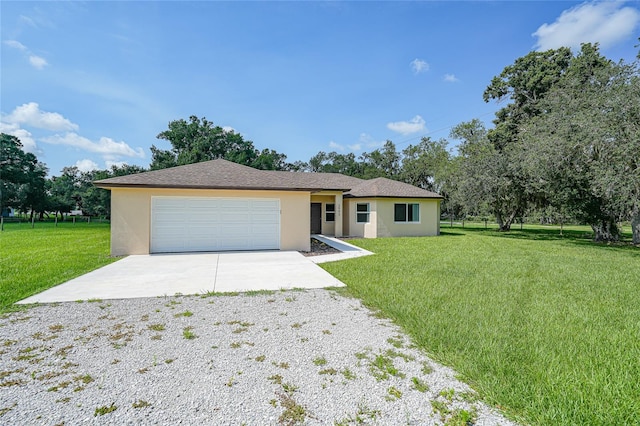 3993 NE Bobay Rd, Arcadia, FL 34266 - ranch-style house with gravel driveway, stucco siding, a front lawn, and a garage