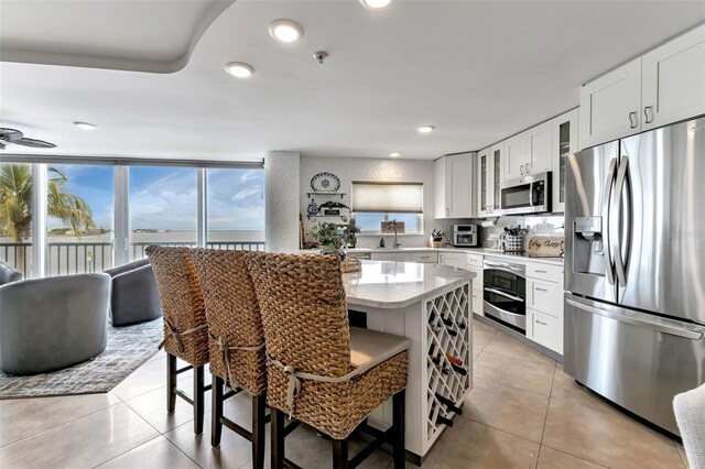 1250 W Marion Ave Unit 333, Punta Gorda, FL 33950 - kitchen with stainless steel appliances, a breakfast bar, healthy amount of natural light, glass insert cabinets, and recessed lighting