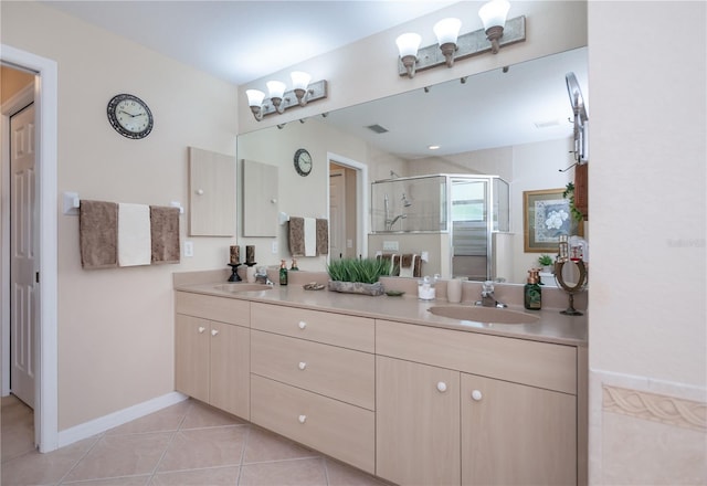 3824 Dominic St, North Port, FL 34288 - full bath featuring double vanity, a stall shower, and tile patterned flooring