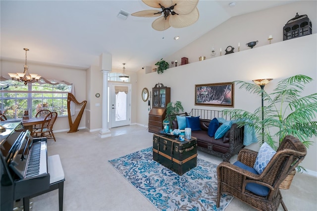 3824 Dominic St, North Port, FL 34288 - living room featuring a ceiling fan, a chandelier, lofted ceiling, and carpet